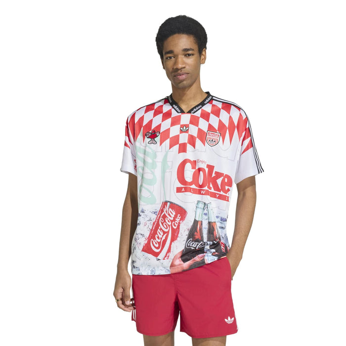 Men's Coca Cola jersey on model, short sleeves, red checkered and bottle graphic