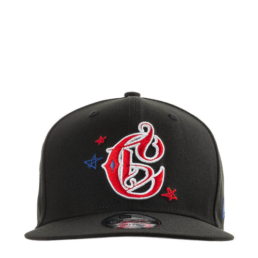 Black baseball cap with red-and-white B logo and star accents