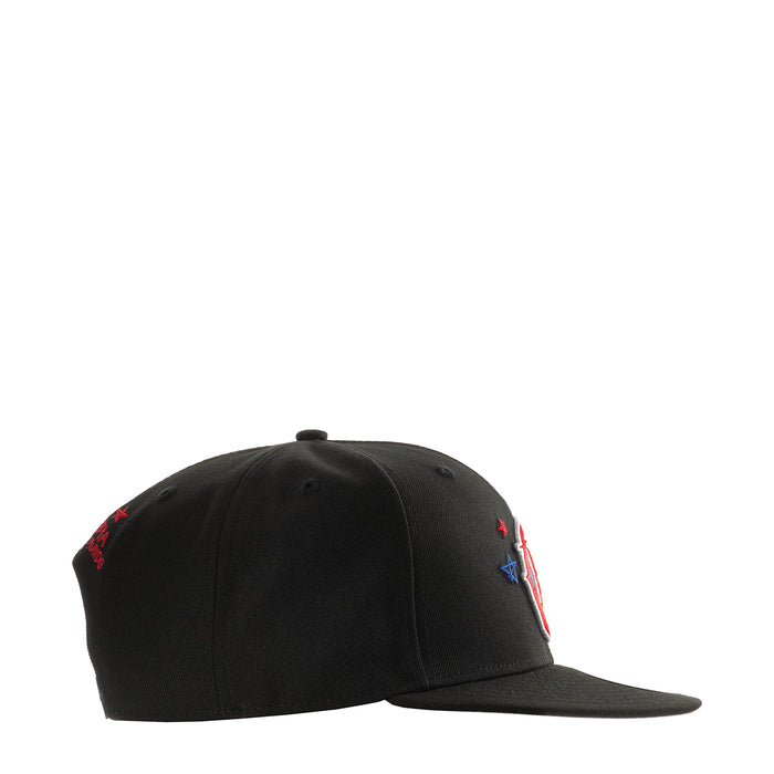 Black baseball cap with red and blue star embroidery on side