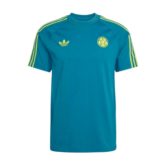 Men's teal soccer T-shirt with yellow shoulder stripes and crest on chest