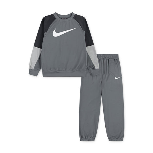 Kids crew sweatshirt and jogger set, smoke grey with black raglan sleeves and Nike swoosh.