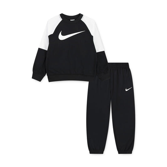 Kids black crewneck sweatshirt and jogger pants set, white raglan sleeves and Nike swoosh