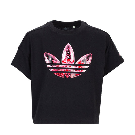 Youth black graphic trefoil confetti T-shirt with crew neck and short sleeves