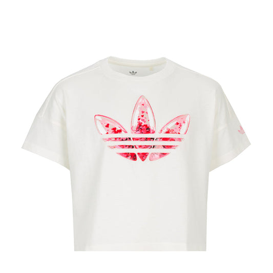 Youth off-white tee with pink confetti trefoil graphic centered on chest