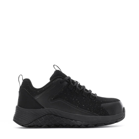 Women’s black lace-up composite-toe work sneaker with textured upper and rugged sole