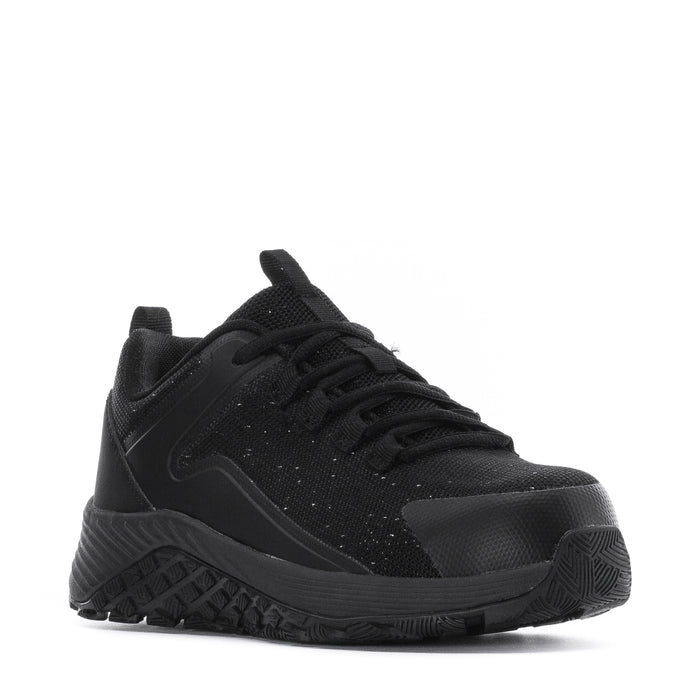 Women’s black lace-up composite-toe work sneaker, front side angle with tread sole