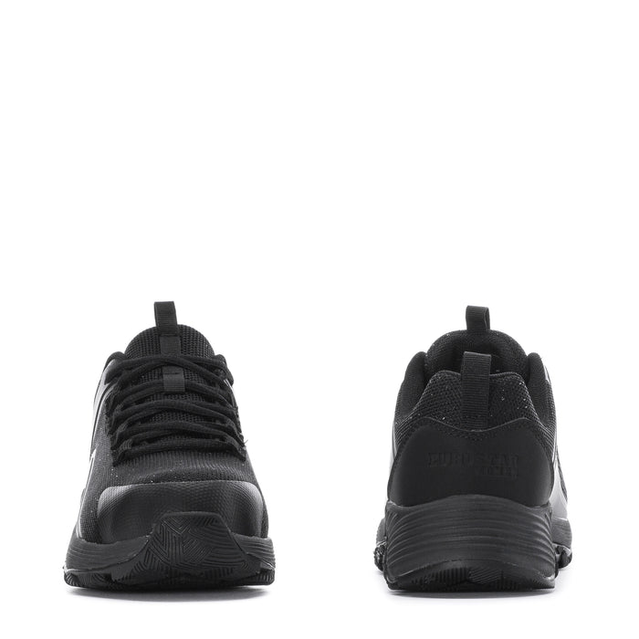 Women’s black composite-toe work sneaker shown from heel and toe angles, lace-up