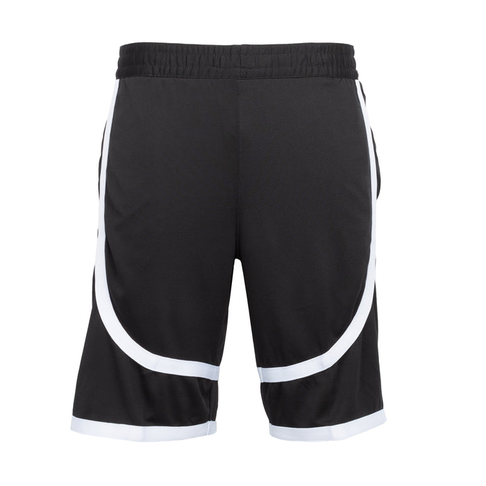 Men's contrast tape shorts in dark fabric with white piping at sides and hem