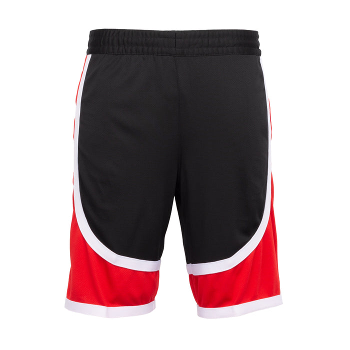 Men's contrast-tape shorts back view, black with red hem panels and white trim
