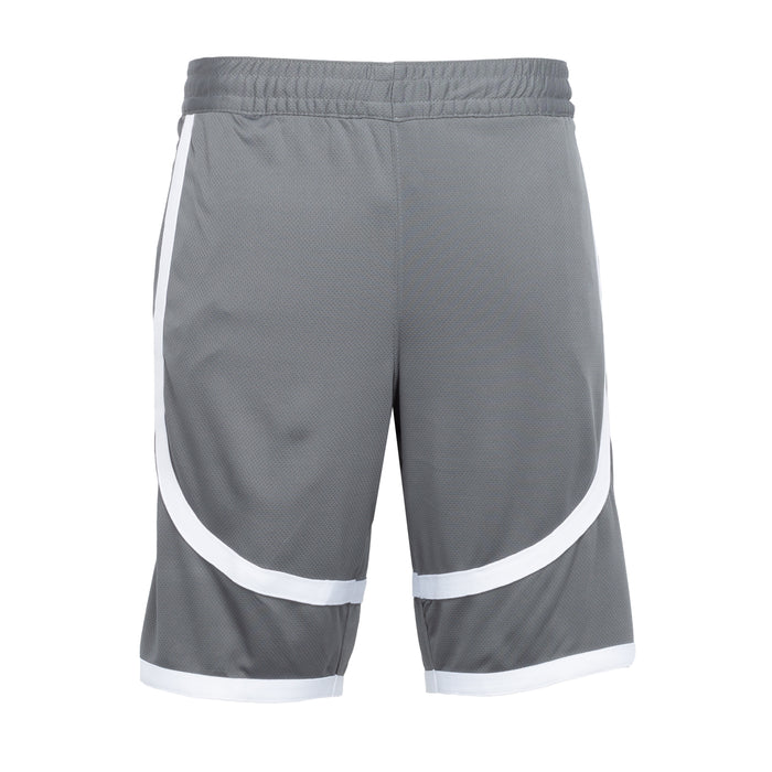Gray shorts with white contrast tape along lower hem and elastic waist
