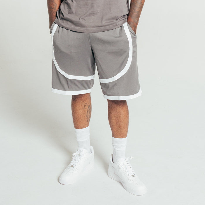 Men's gray athletic shorts with white contrast tape and elastic waistband