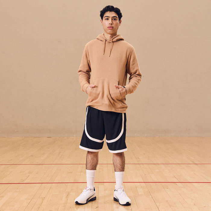 Men's contrast tape shorts, dark fabric with white tape trim on the sides and hem