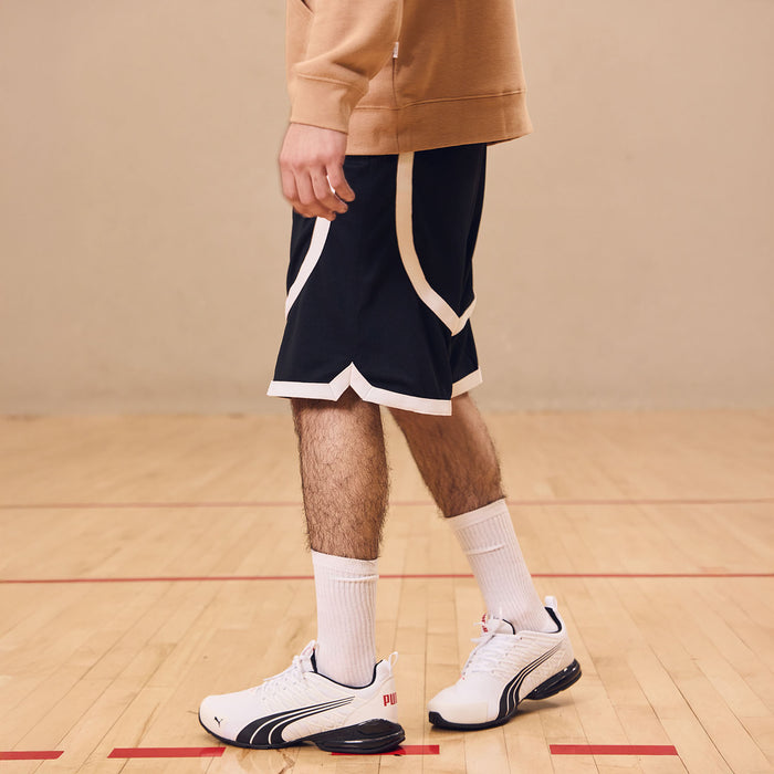 Men's contrast tape shorts close-up: dark shorts with white side and bottom tape
