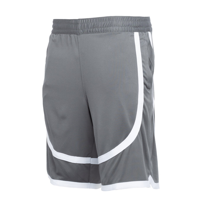 Gray athletic shorts with white contrast tape stripe and elastic waist