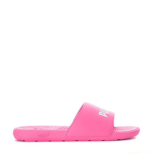 Kids hot pink slide sandals with white footbed and cushioned sole