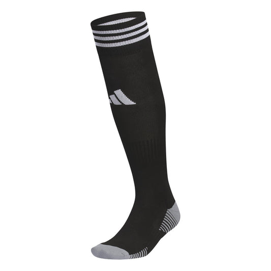 Black crew socks with white stripes and cushioning at toe and heel