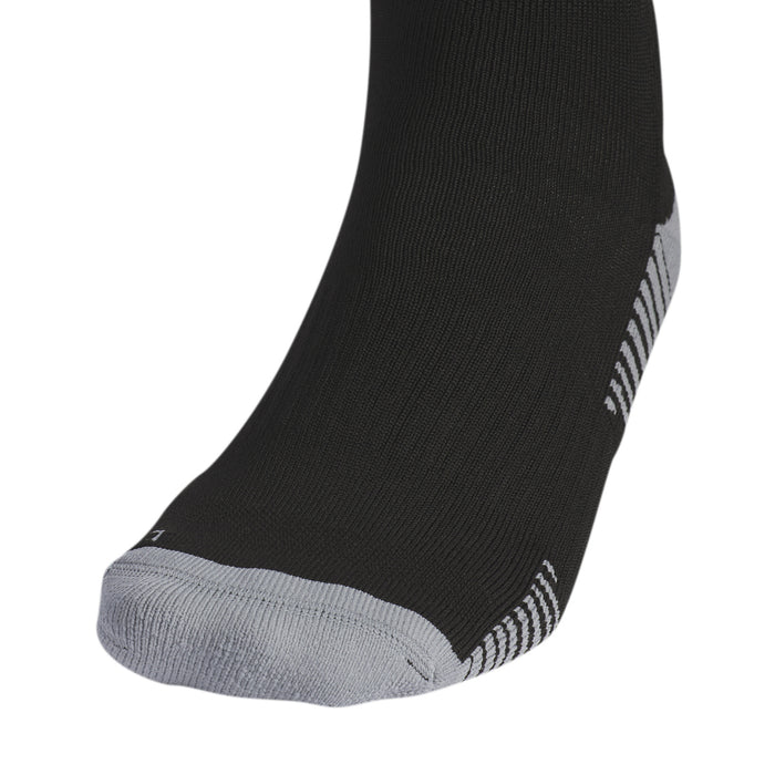 Black ankle socks with ribbed knit, gray toe panel, and white heel stripes