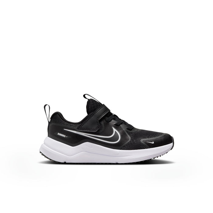 Kids black running sneakers with white midsole and Swoosh logo