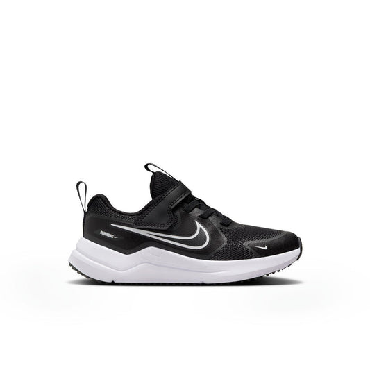 Kids black running sneakers with white midsole and Swoosh logo