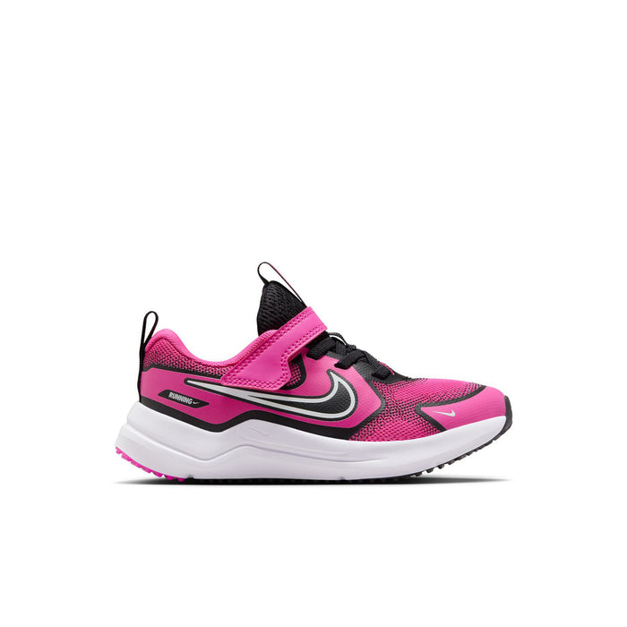 Kids running sneaker in laser fuchsia, white and black, with Nike Swoosh accents.