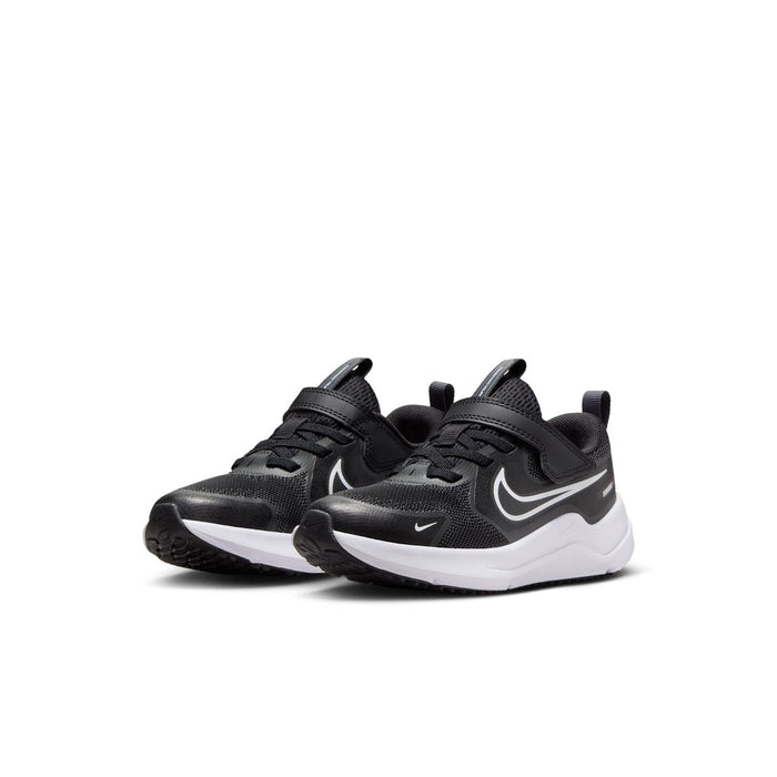 Pair of kids black and white running shoes with low-profile mesh uppers