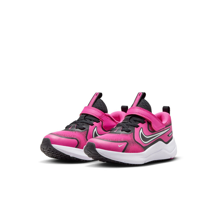 Kids running sneaker pair, laser fuchsia with black straps and white midsole.