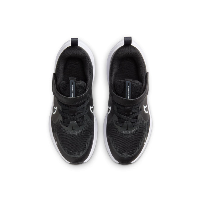 Kids black sneakers viewed from toe with lace-up mesh and padded collar