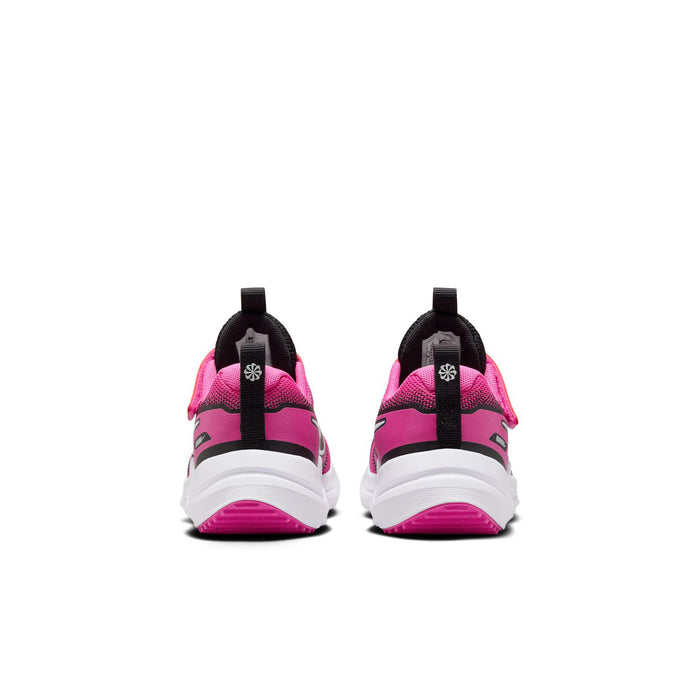 Kids running sneakers with black heel tabs, laser fuchsia uppers and white sole.