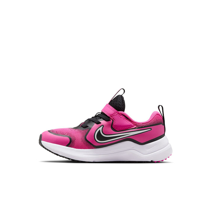 Kids running sneaker in laser fuchsia with black laces, white midsole and swoosh.