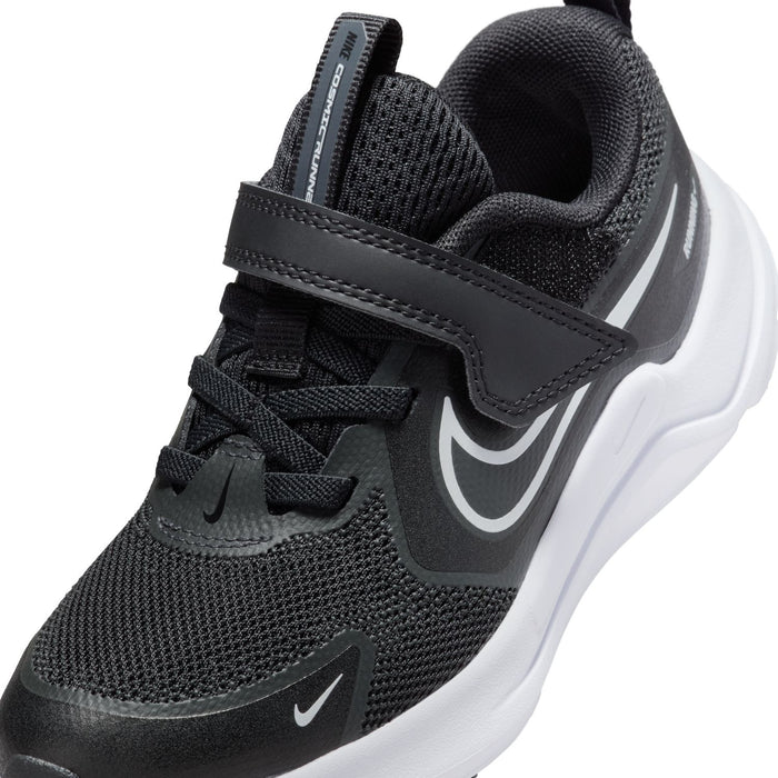 Kids black mesh sneaker close-up with Velcro strap and side Swoosh