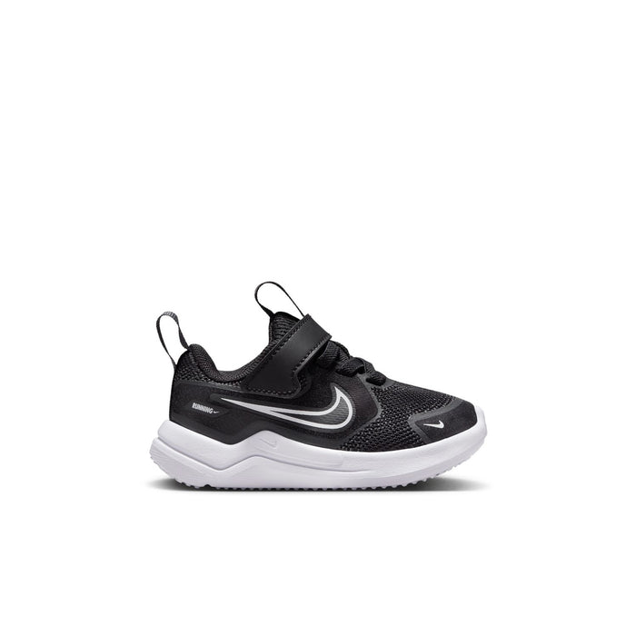 Toddler black mesh running shoes with white sole, lace-up front, Nike swoosh