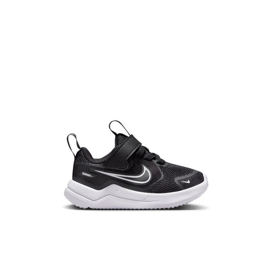 Toddler black mesh running shoes with white sole, lace-up front, Nike swoosh