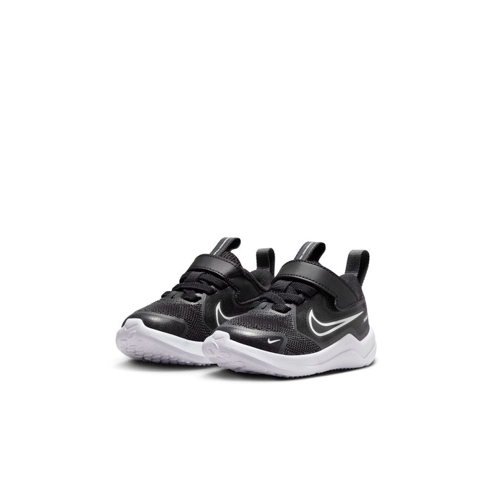 Toddler black running shoes with two hook-and-loop straps, white midsole, Nike swoosh