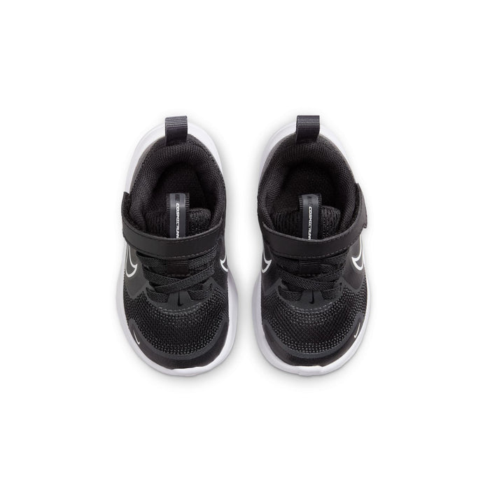 Toddler black sneakers with padded collar and tongue, Nike swoosh on uppers