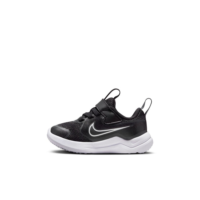 Toddler black mesh running shoes with white sole and Nike swoosh, lace-up