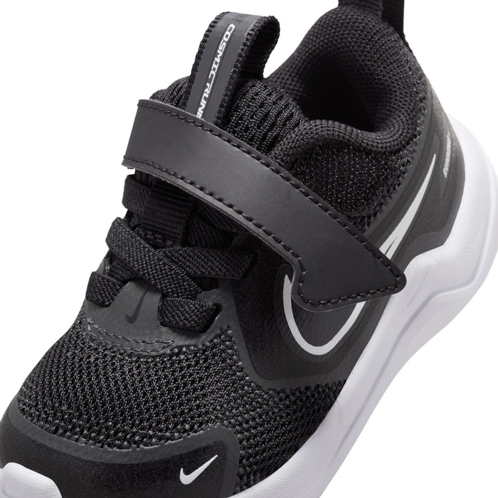 Toddler black mesh sneaker with padded collar and Nike swoosh, stitched overlays