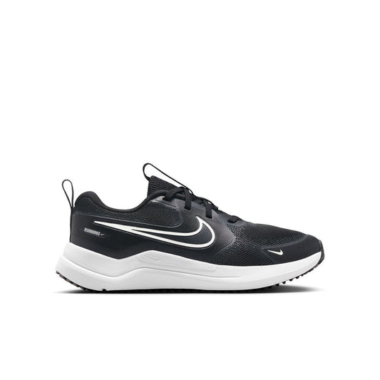 Youth black and white running shoe with mesh upper, lace-up front, and white midsole