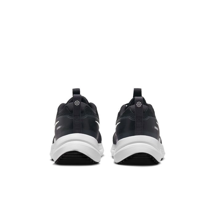 Youth black running shoes from the heel with white midsole and pull-tab accents