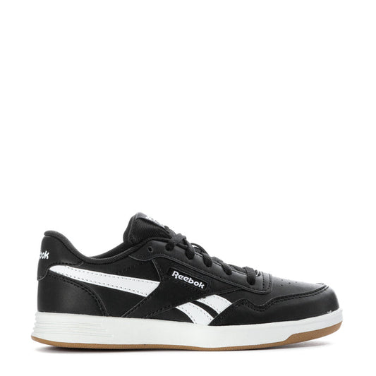 Kids black sneakers with white Reebok stripes and gum sole
