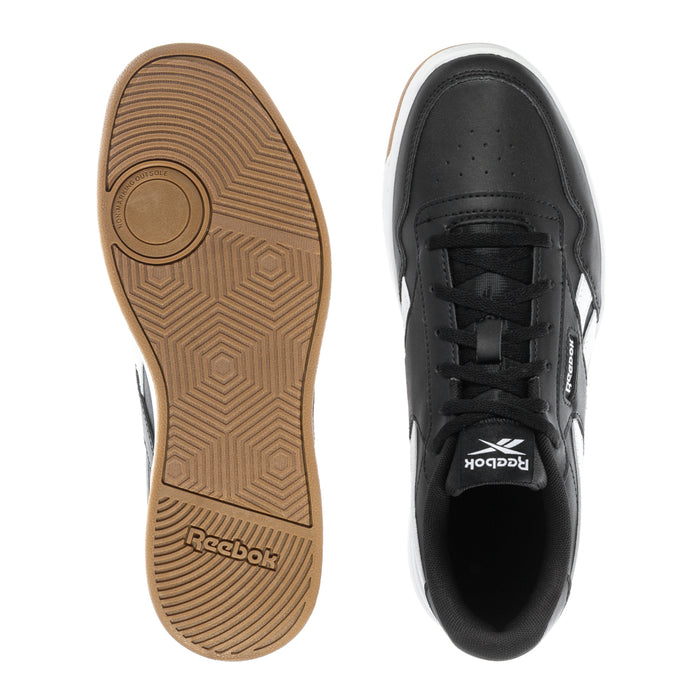 Black youth Reebok Court Advance sneakers shown with gum outsole and black upper toe.