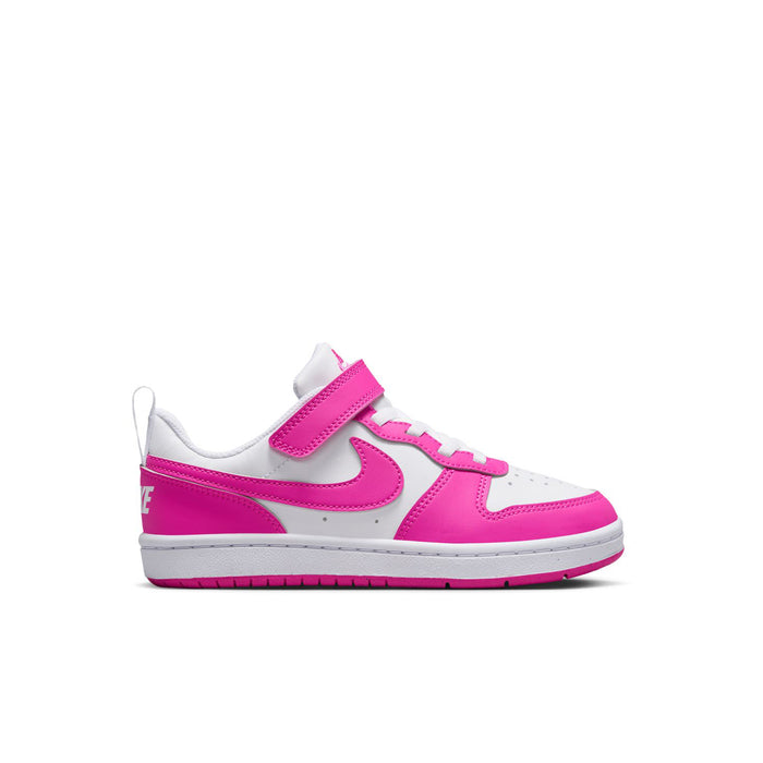 Kids low-top sneakers in white and laser fuchsia with hook-and-loop strap