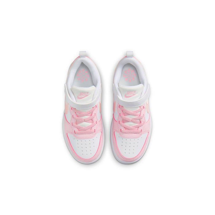 Kids low-top sneakers, pair view from front in white with pink laces and straps