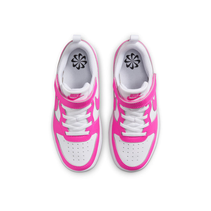 Kids low-top sneakers top view, white laces and laser fuchsia overlays