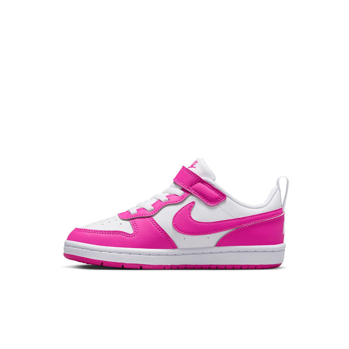 Kids low-top sneakers side view, white base with laser fuchsia overlays and strap