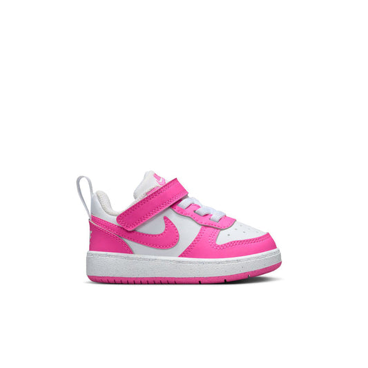 Toddler low-top sneakers in white and laser fuchsia, hook-and-loop straps