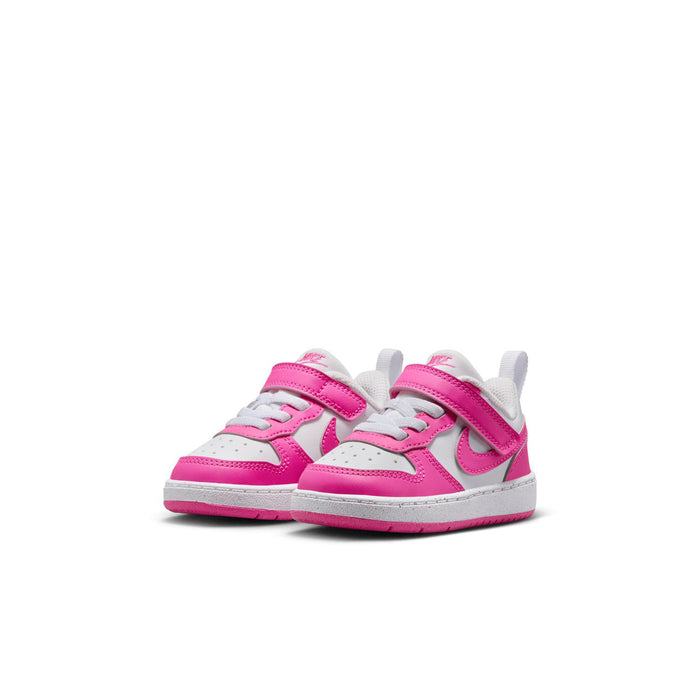Toddler low-top sneakers, white base with laser fuchsia overlays and hook-and-loop