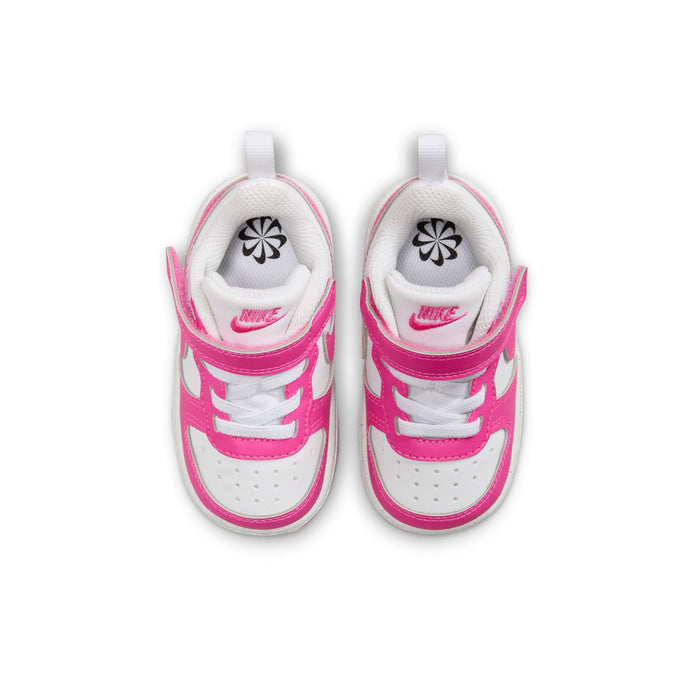 Toddler sneakers with white interior lining and laser fuchsia heel strap