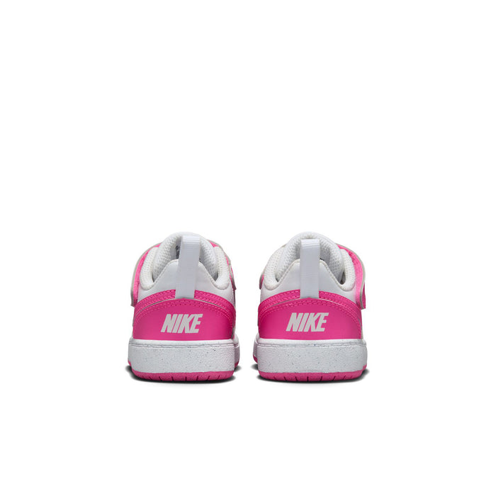 Toddler low-top sneakers, white uppers with laser fuchsia heel and cushioned collar