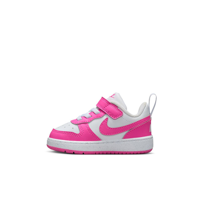 Toddler low-top sneakers, white and bright pink swoosh with hook-and-loop strap