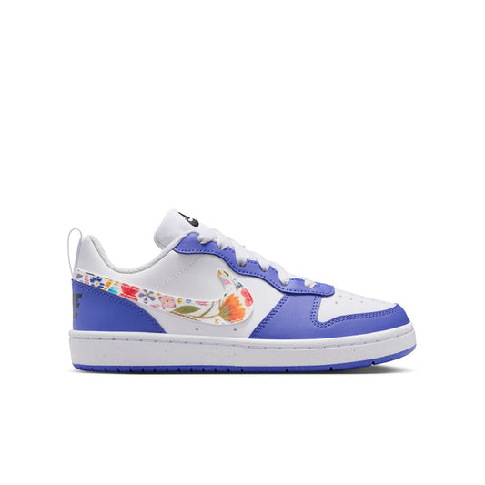 Youth low-top sneakers in white, sapphire blue, and black with colorful swoosh panel